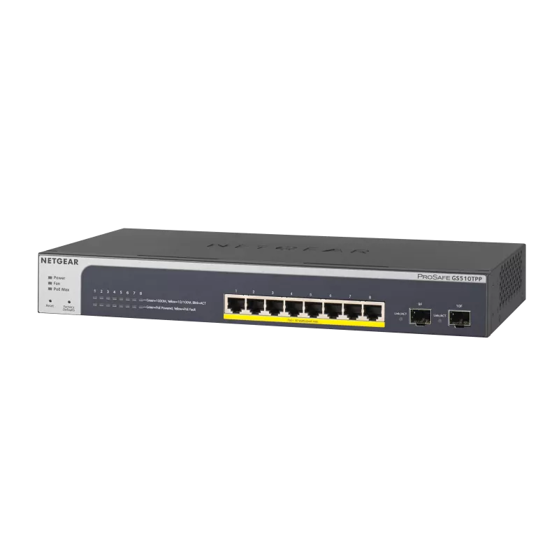 Netgear GS510TPP Smart Switch 8 ports Gigabit Ethernet PoE+ haute puissance avec 2 ports dédiés Ports SFP (190W).
