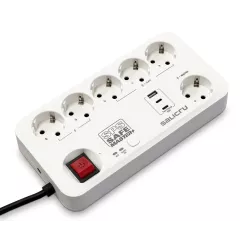 SALICRU Multiprises Parafoudre SPS.SAFE MASTER PLUS Blanc 6 prises Shuko/FR 13kA câble 1,4m fixation mur,syst rotatif 2 USB-C…
