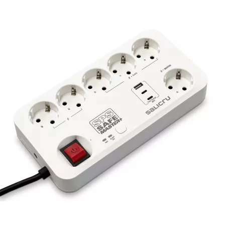 SALICRU Multiprises Parafoudre SPS.SAFE MASTER PLUS Blanc 6 prises Shuko/FR 13kA câble 1,4m fixation mur,syst rotatif 2 USB-C…