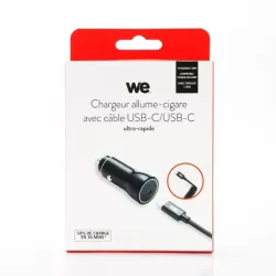 WE Chargeur allume-cigare 1 port USB-C - 20W/3A - avec câble USB-C/USB-C torsadé 1.50m - noir