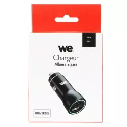 Chargeur allume-cigare WE - 2 ports USB (1 USB-A 5V/2,4A et 1 USB-C V/3A), Total (USB-A+C) 5V/3A pour smartphone, GPS, etc...