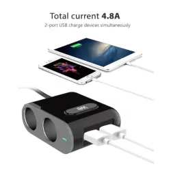 Chargeur de voiture WE - 90W Max 2 prises allume cigare adaptateur + 2 Ports USB 2.4A pour smartphone tablette, PC, GPS et…