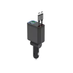 Chargeur allume cigare inclinable WE - 2 câbles USB-C rétractables 0,7m, 1 port USB-C et 1 port USB - 85W max