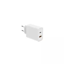Chargeur secteur WE 1 Port USB + 1 Port USB-C, Total 65W, Power Delivery, coloris blanc.
