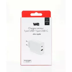 Chargeur secteur WE 1 Port USB + 1 Port USB-C, Total 65W, Power Delivery, coloris blanc.