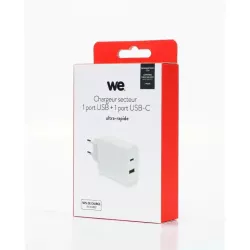 Chargeur secteur WE 1 Port USB + 1 Port USB-C, Total 65W, Power Delivery, coloris blanc.
