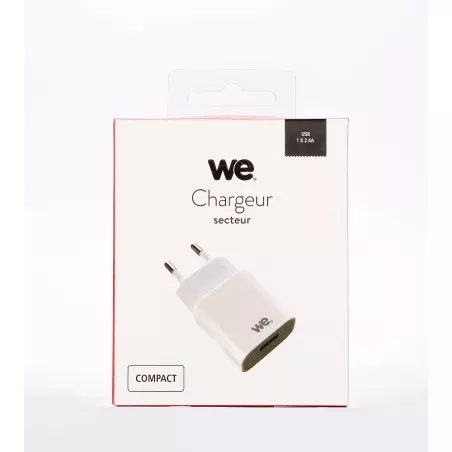 Chargeur secteur 1 USB 2.4A 12W, coloris blanc