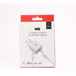 WE Bundle Chargeur Secteur + Câble Chargeur : Câble USB-C/Lightning Sortie Max 20W / Power Delivery 3.0 Mince, léger et…