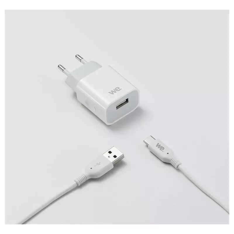 Bundle chargeur secteur + câble Chargeur 1 USB+1 Câble USB/USBC Sortie max 2.4A total 12W / version USB 2.0 blanc