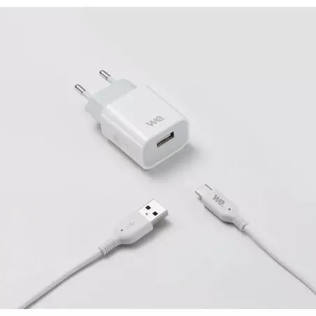 Bundle chargeur secteur + câble Chargeur 1 USB+1 Câble USB/USBC Sortie max 2.4A total 12W / version USB 2.0 blanc