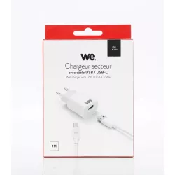 Bundle chargeur secteur + câble Chargeur 1 USB+1 Câble USB/USBC Sortie max 2.4A total 12W / version USB 2.0 blanc