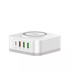 Chargeur secteur WE 3 Port USB A + 1 Port USB-C + 1 socle charge sans-fil, Total 32W, Power Delivery/QC 3.0, coloris blanc.