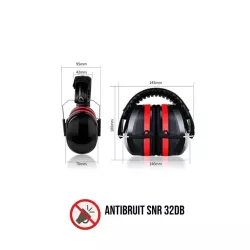 Casque anti-bruit, atténuation 32dB avec housse de transport, noir/rouge