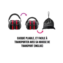 Casque anti-bruit, atténuation 32dB avec housse de transport, noir/rouge