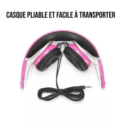 Casque enfant rose (3 à 10 ans) pliable/réglable/ergonomique limitation volume à 85dB câble 1.20m/Jack 3.5mm