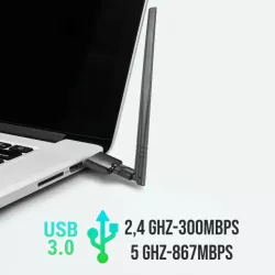 CLE WIFI 1200Mbps DUAL BAND USB 3.0 300Mb/s en 2.4G, 867Mb/s en 5G antenne detachable