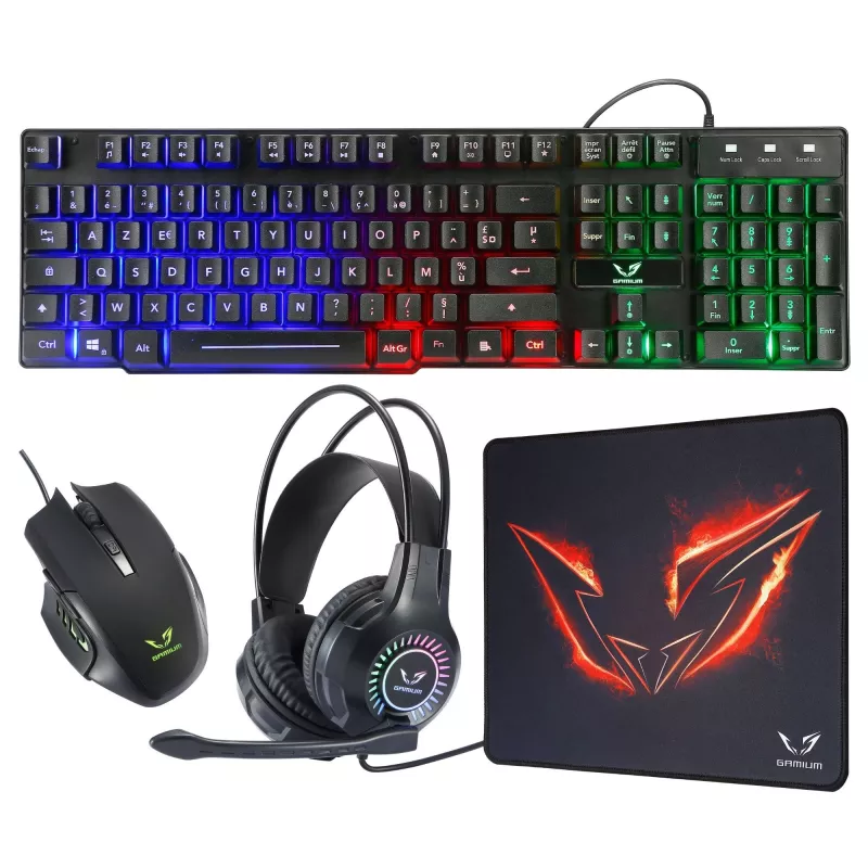 Pack Gamer 4-en-1 filaire pr PC Casque micro rétro-éclairé + clavier avec LED RGB 19 touches anti-ghosting + souris…