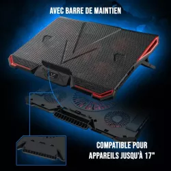 Refroidisseur Gamium pour PC jusqu'à 17'' - 5 ventiltateurs Leds rouge et 2 ports USB 2 pieds ajustables 7 angles