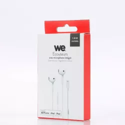 Ecouteurs WE avec connecteur Lightning de couleur blanche. Câble 1,20, microphone intégré, télécommande intégré au câble