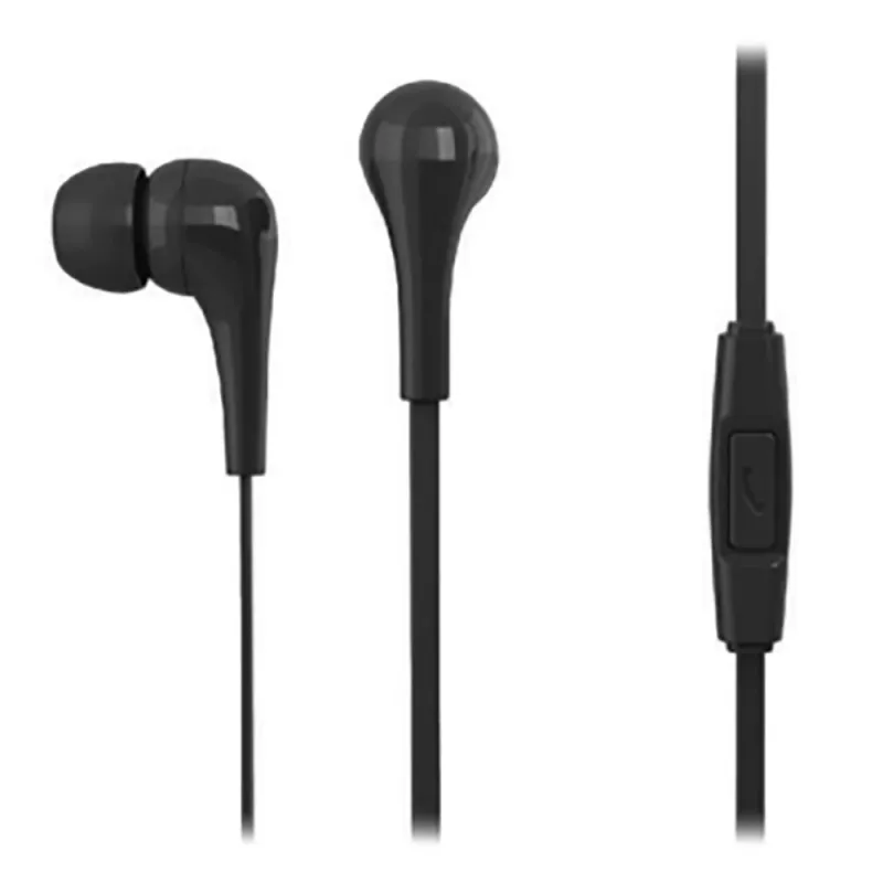 Ecouteurs avec micro, Noir, longueur câble 1.2m, connecteur jack 3.5mm, boitier de control intégré , livré av 2 pr de bouchons…