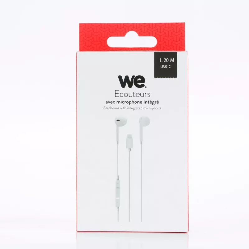 Ecouteurs filaire WE semi-intra avec connecteur USB-C , câble 1,20 m., boîtier de contrôle avec micro intégré pour les appels…