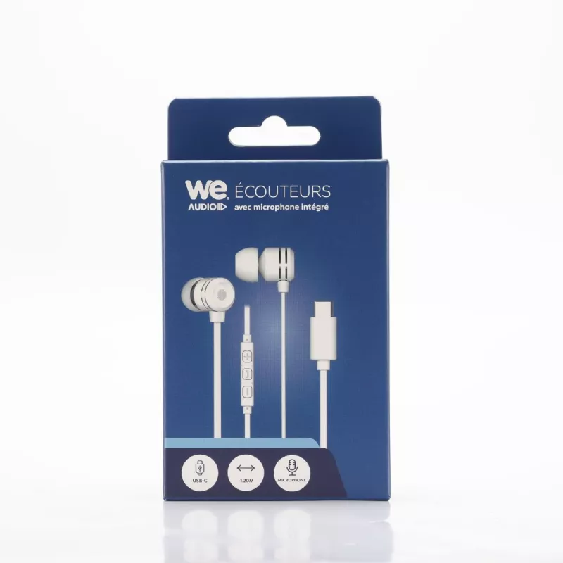 Ecouteurs WE filaire intra. Câble plat 1,20m, connecteur USB-C, boîtier de contrôle du volume et microphone intégré. Blanc