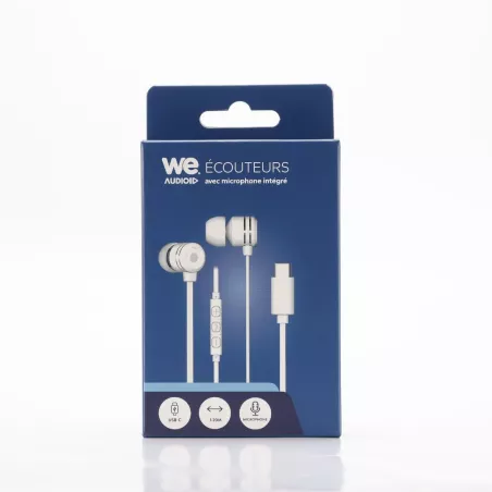 Ecouteurs WE filaire intra. Câble plat 1,20m, connecteur USB-C, boîtier de contrôle du volume et microphone intégré. Blanc