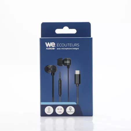 Ecouteurs WE filaire intra. Câble plat 1,20m, connecteur USB-C, boîtier de contrôle du volume et microphone intégré. Noir