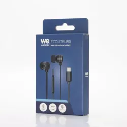 Ecouteurs WE filaire intra. Câble plat 1,20m, connecteur USB-C, boîtier de contrôle du volume et microphone intégré. Noir
