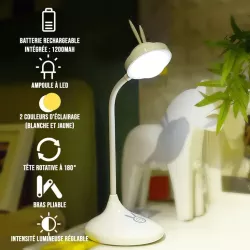 Lampe enfant en forme de lapin touche tactile, rechargeable tête en silicone , rotative blanc