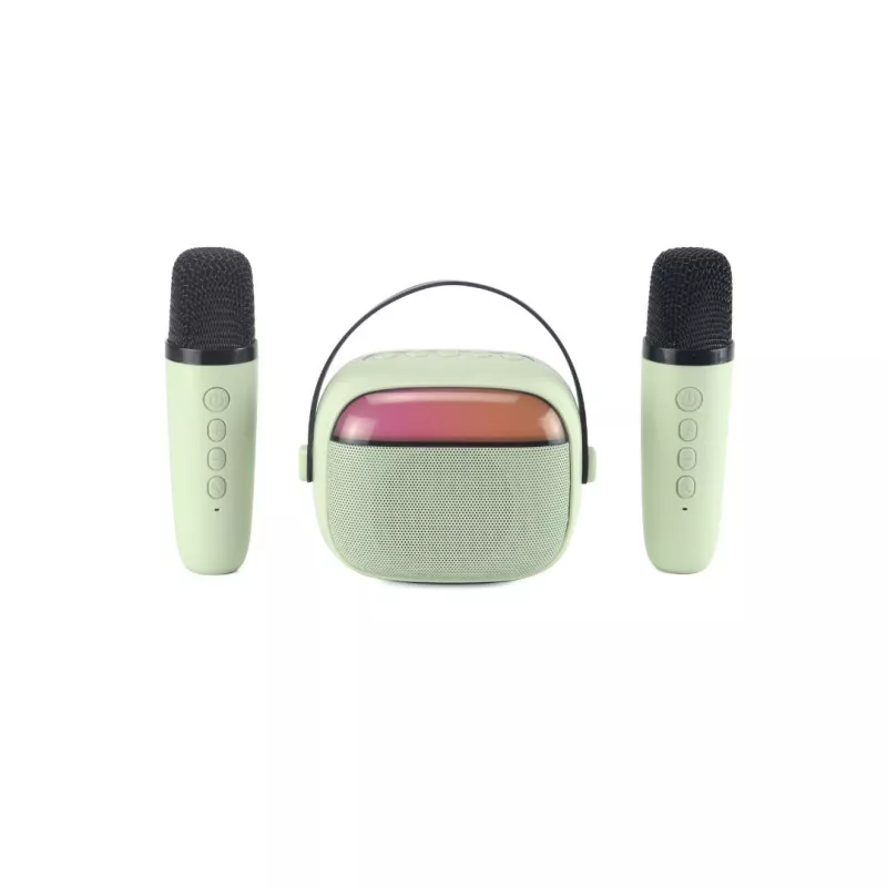 WE KIDS Mini enceinte karaoké à led + poignée, BT 5.4, rechargeable, 2 micros avec 5 sons, vert