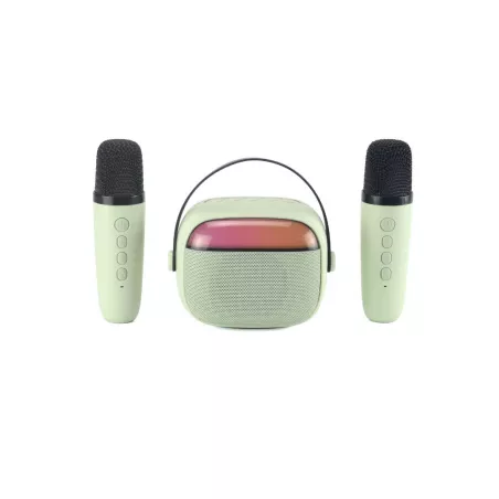 WE KIDS Mini enceinte karaoké à led + poignée, BT 5.4, rechargeable, 2 micros avec 5 sons, vert