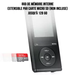 Lecteur MP4 8Go lecture audio et video, Radio FM, Bluetooth V4,0, Podomètre noir