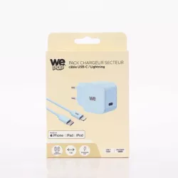 WE POP Pack Chargeur secteur + Câble USB-C/Lightning Bleu : Chargeur secteur Bleu PD 20W port USB-C - Câble USB-C/Lightning…
