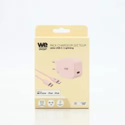 WE POP Pack Chargeur secteur + Câble USB-C/Lightning Rose : Chargeur secteur rose PD 20W port USB-C - Câble USB-C/Lightning…