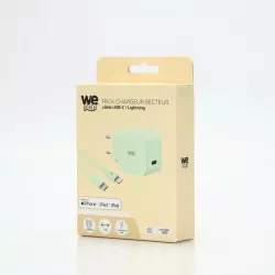 WE POP Pack Chargeur secteur + Câble USB-C/Lightning Vert : Chargeur secteur vert PD 20W port USB-C - Câble USB-C/Lightning…