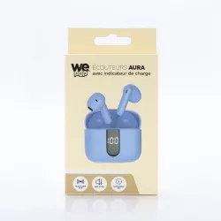 Ecouteurs sans-fil avec indicateur de charge AURA, Bluetooth, batterie intégrée 40mAh, Boitier de recharge 400mAh, ANC, bleu
