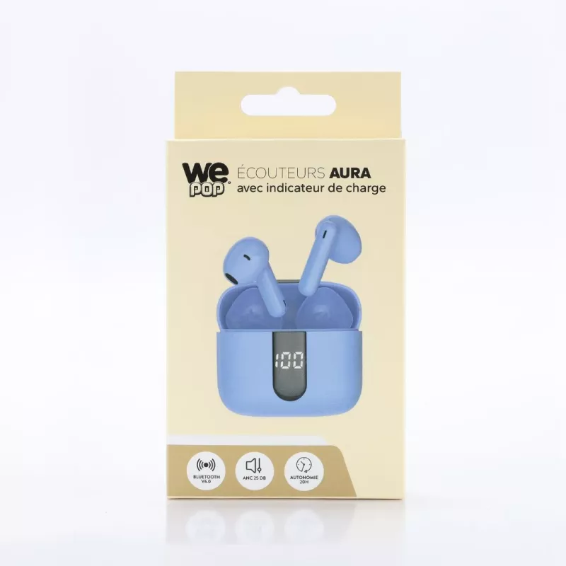 Ecouteurs sans-fil avec indicateur de charge AURA, Bluetooth, batterie intégrée 40mAh, Boitier de recharge 400mAh, ANC, bleu