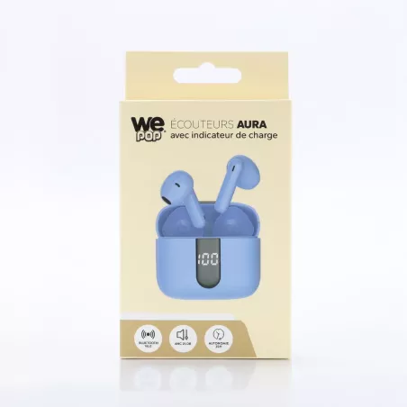 Ecouteurs sans-fil avec indicateur de charge AURA, Bluetooth, batterie intégrée 40mAh, Boitier de recharge 400mAh, ANC, bleu
