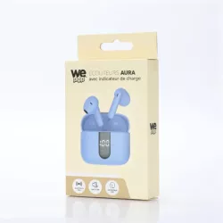 Ecouteurs sans-fil avec indicateur de charge AURA, Bluetooth, batterie intégrée 40mAh, Boitier de recharge 400mAh, ANC, bleu