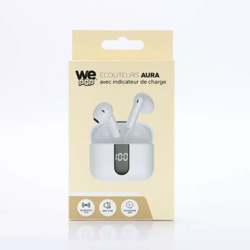 Ecouteurs sans-fil avec indicateur de charge AURA, Bluetooth, batterie intégrée 40mAh, Boitier de recharge 400mAh, ANC, blanc