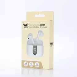 Ecouteurs sans-fil avec indicateur de charge AURA, Bluetooth, batterie intégrée 40mAh, Boitier de recharge 400mAh, ANC, blanc