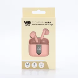 Ecouteurs sans-fil avec indicateur de charge AURA, Bluetooth, batterie intégrée 40mAh, Boitier de recharge 400mAh, ANC, rose