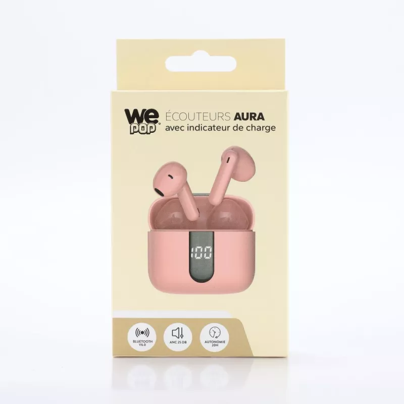 Ecouteurs sans-fil avec indicateur de charge AURA, Bluetooth, batterie intégrée 40mAh, Boitier de recharge 400mAh, ANC, rose
