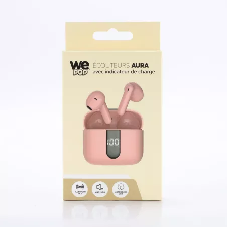 Ecouteurs sans-fil avec indicateur de charge AURA, Bluetooth, batterie intégrée 40mAh, Boitier de recharge 400mAh, ANC, rose