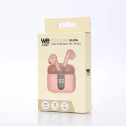 Ecouteurs sans-fil avec indicateur de charge AURA, Bluetooth, batterie intégrée 40mAh, Boitier de recharge 400mAh, ANC, rose