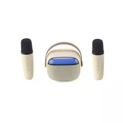 WE POP Mini enceinte karaoké à led + poignée, BT 5.4, rechargeable, 2 micros avec 5 sons, beige