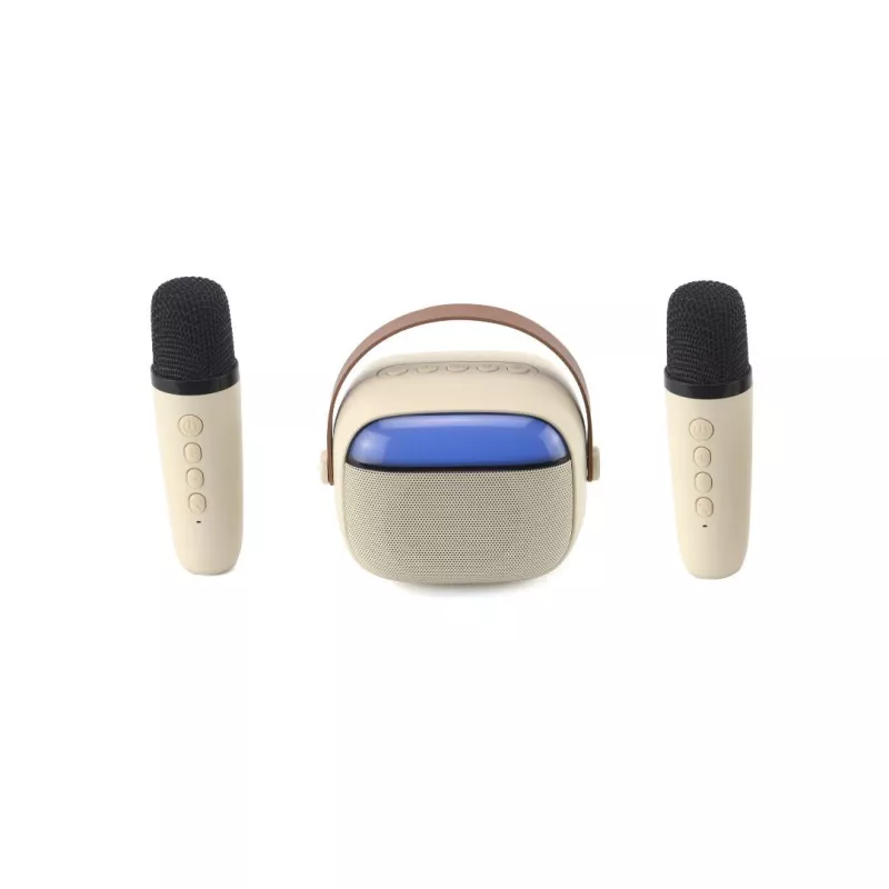 WE POP Mini enceinte karaoké à led + poignée, BT 5.4, rechargeable, 2 micros avec 5 sons, beige