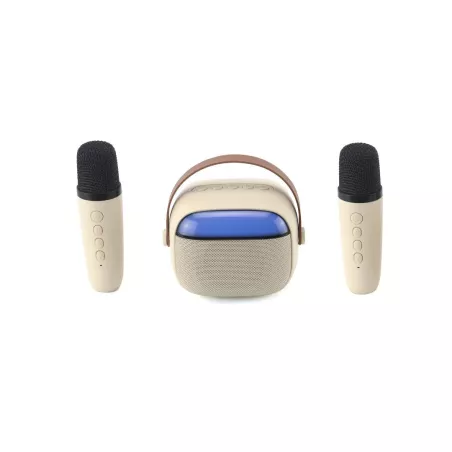 WE POP Mini enceinte karaoké à led + poignée, BT 5.4, rechargeable, 2 micros avec 5 sons, beige