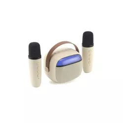 WE POP Mini enceinte karaoké à led + poignée, BT 5.4, rechargeable, 2 micros avec 5 sons, beige